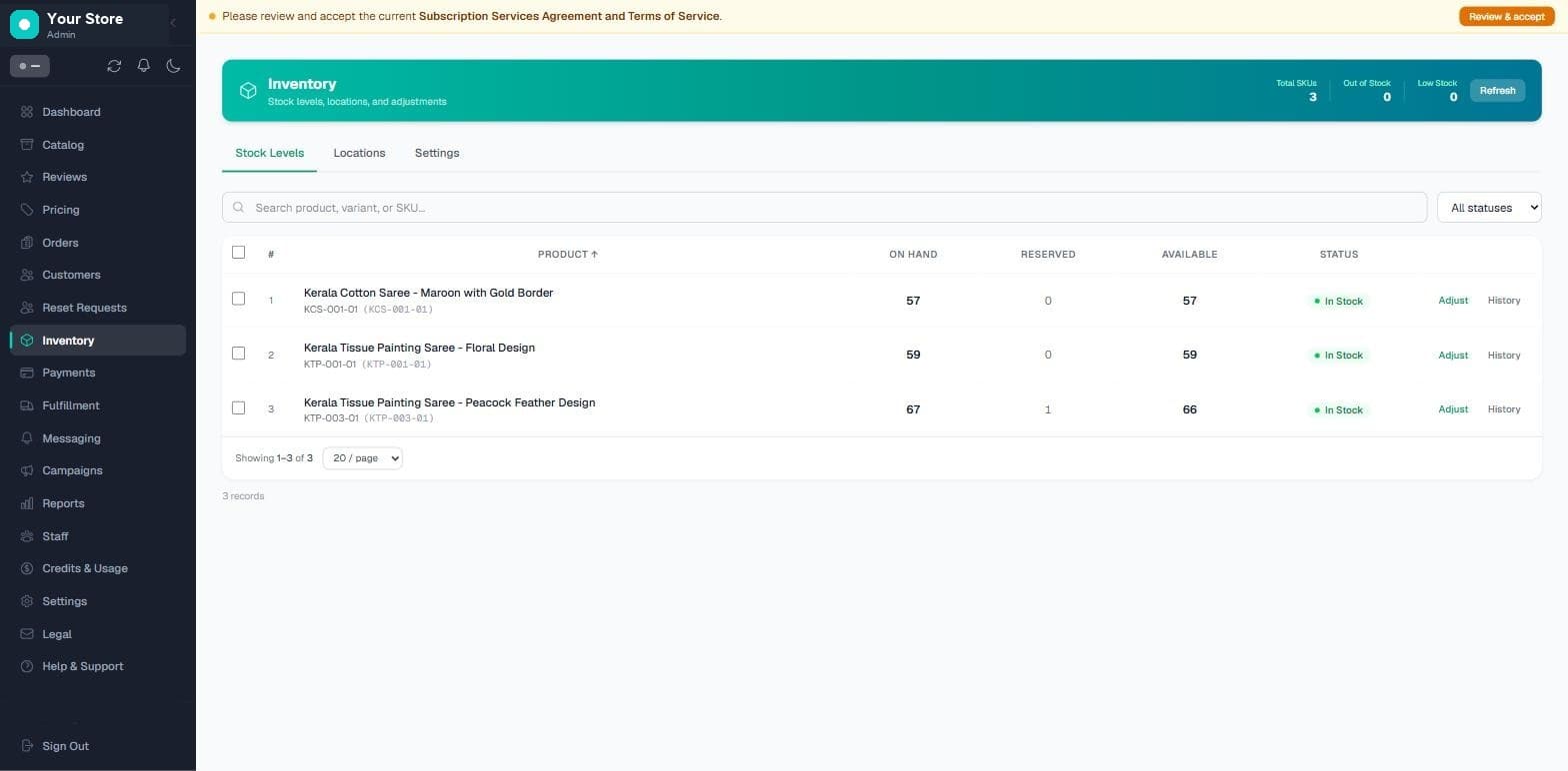 The Quanta inventory view — on-hand, reserved and available stock per variant